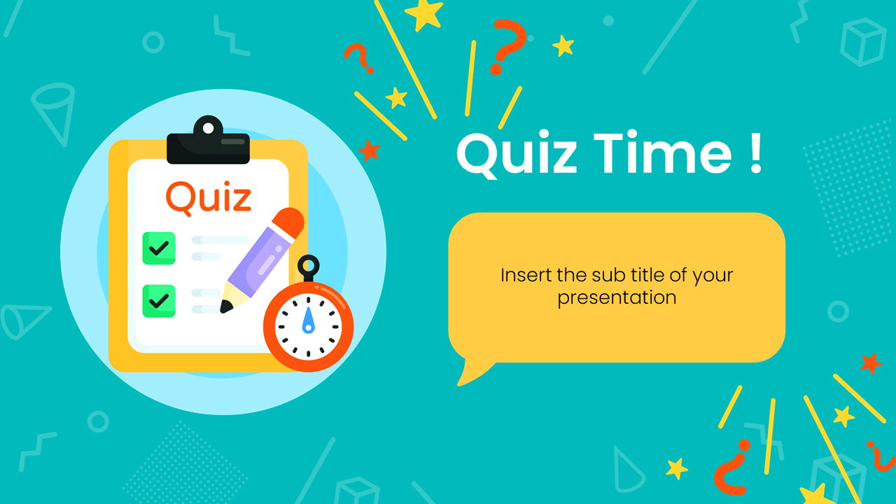 Nếu bạn muốn tạo ra bài kiểm tra nhanh chóng mà không mất nhiều thời gian thiết kế, hãy sử dụng chủ đề Quiz Time miễn phí cho Google Slides và PowerPoint. Với giao diện thân thiện, chủ đề này còn giúp bạn tạo ra các câu hỏi và đáp án với các phong cách khác nhau cho mỗi bài kiểm tra.