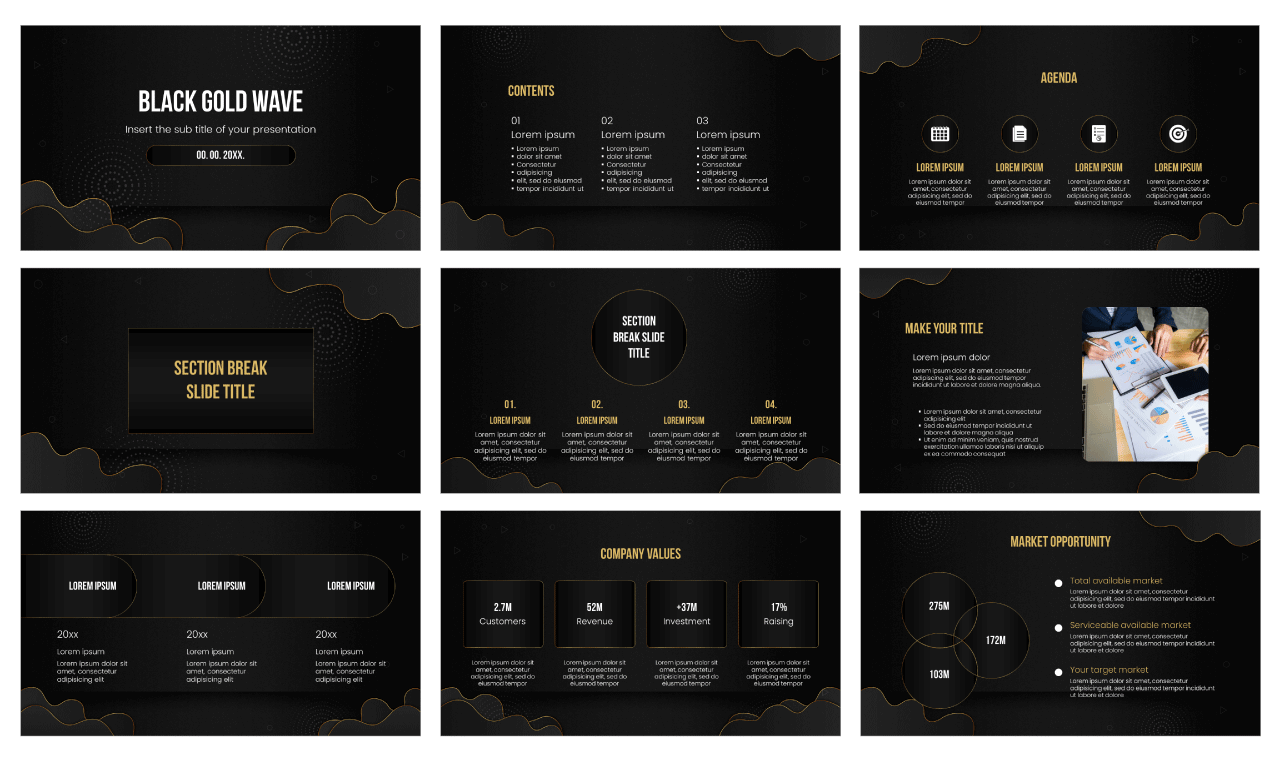 Black Gold Wave Free Google Slides Theme PowerPoint Template