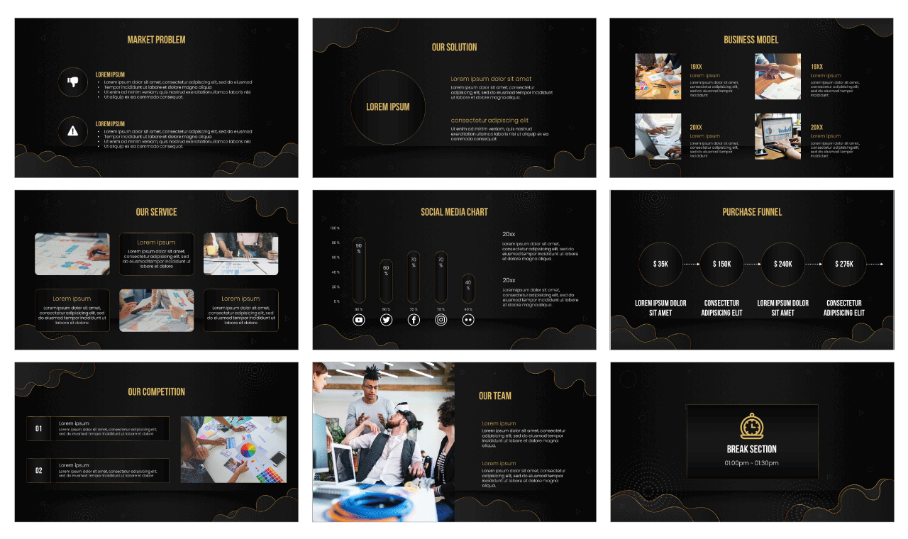 Black Gold Wave Google Slides Theme PowerPoint Template Free Download