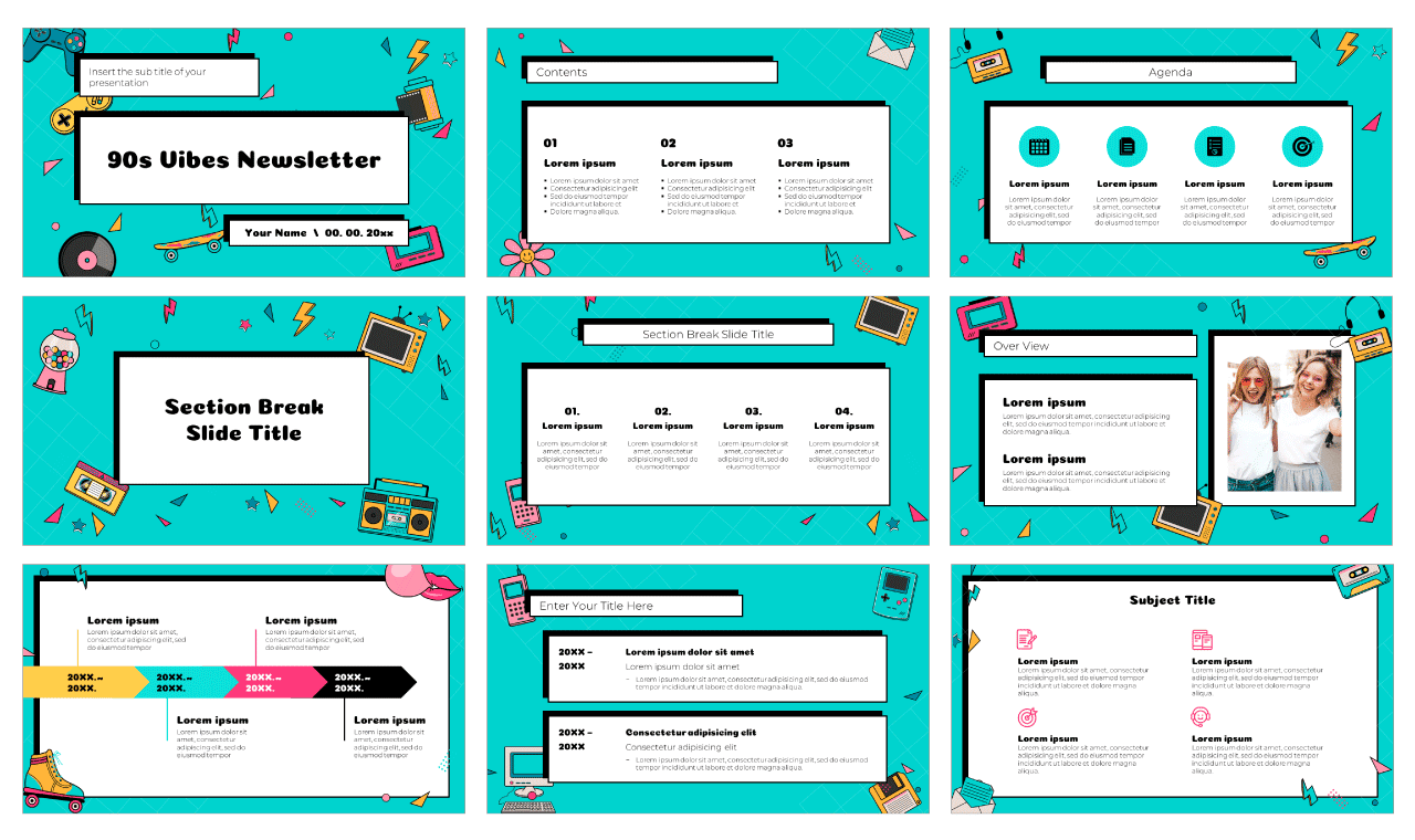 Với mẫu tin tức tinh thần thập niên 90 miễn phí cho Google Slides và PowerPoint, việc thiết kế các bản tin được đơn giản hơn bao giờ hết. Sử dụng các thiết kế đa dạng và màu sắc tươi sáng để tăng tính thẩm mỹ cho bản tin của bạn. Hãy xem hình ảnh để cảm nhận sức mạnh của mẫu này.