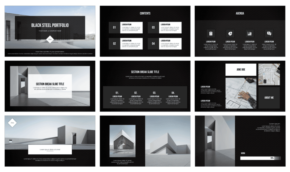 Black Steel Portfolio Google Slides Theme PowerPoint Template