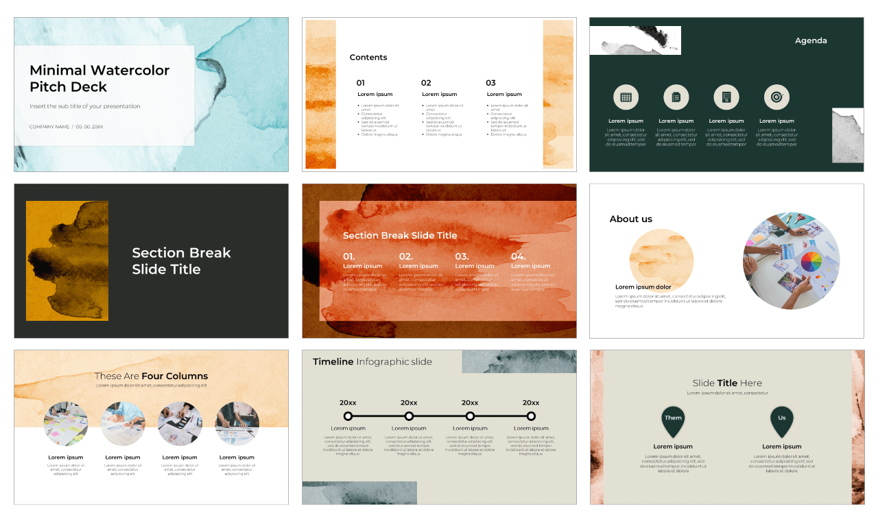 Minimal Watercolor Pitch Deck Google Slides Theme PowerPoint Template