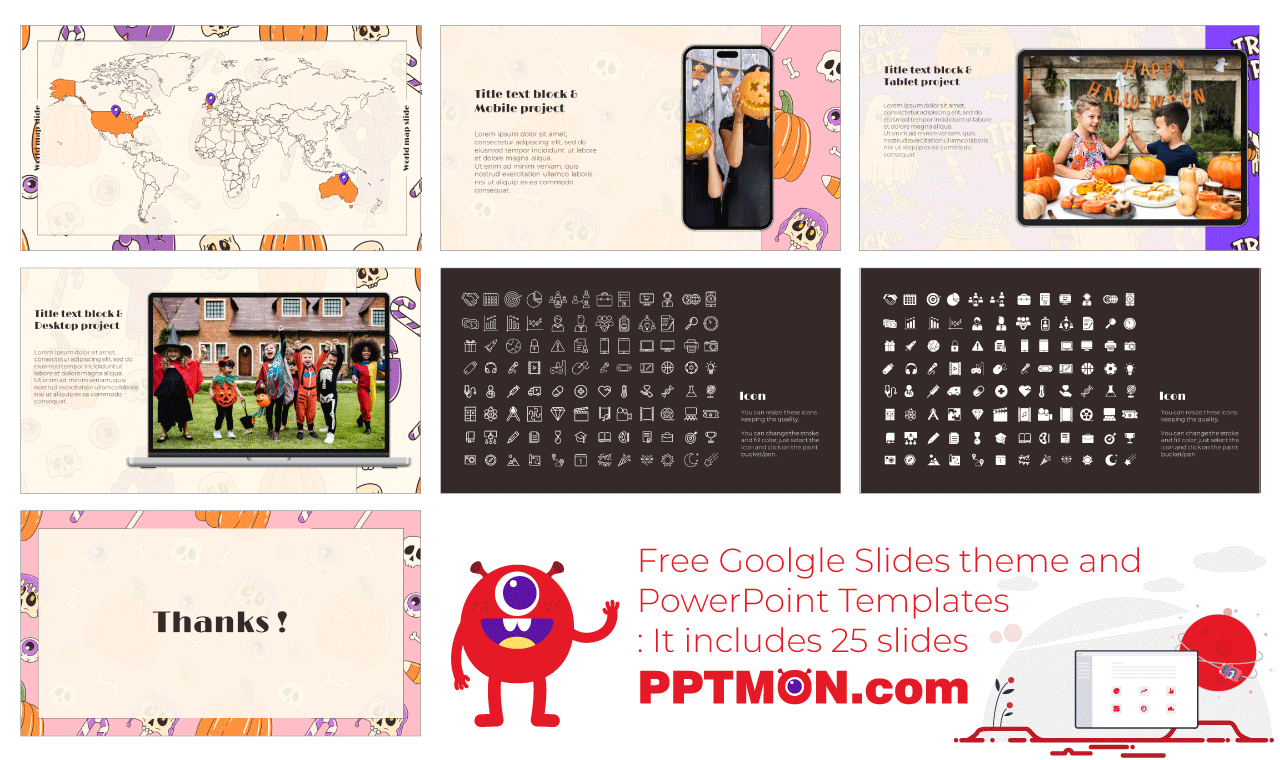 Retro Cartoon Halloween Pattern Google Slides PowerPoint Presentation Templates