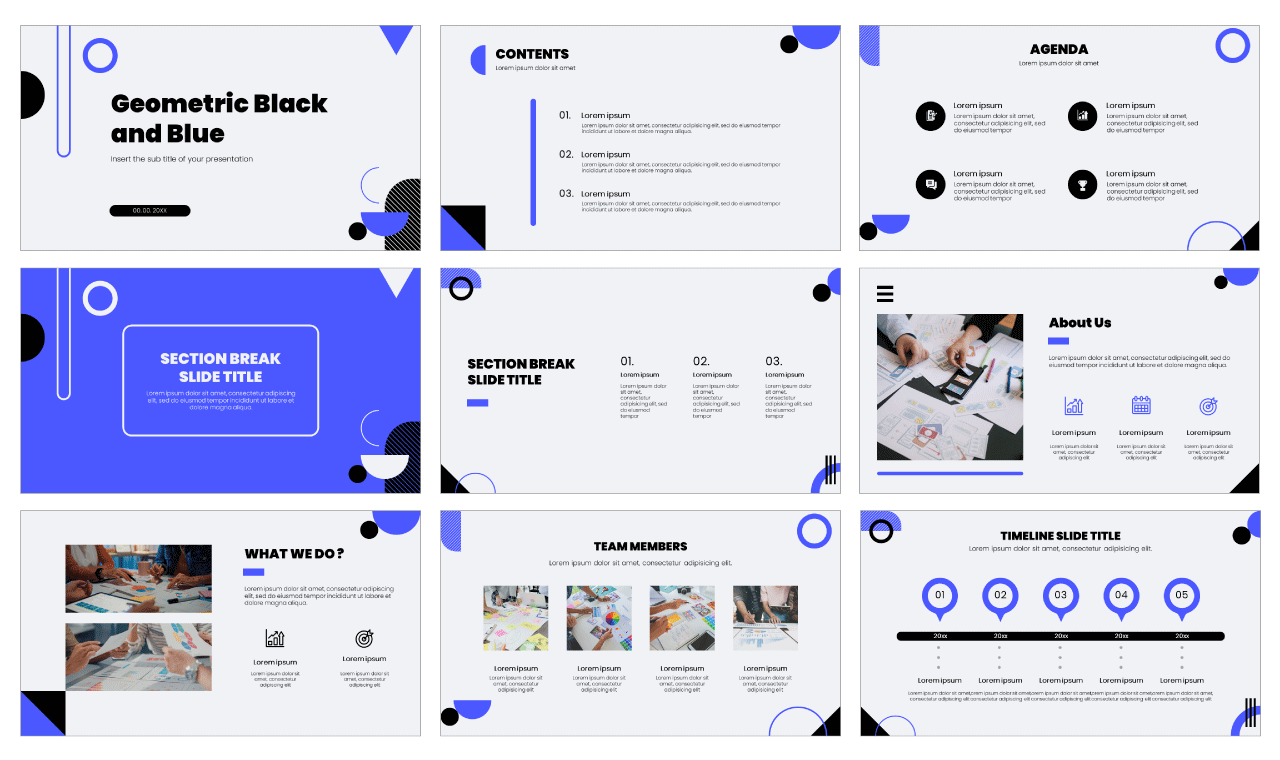 Geometric Black and Blue Google Slides Themes PowerPoint Templates