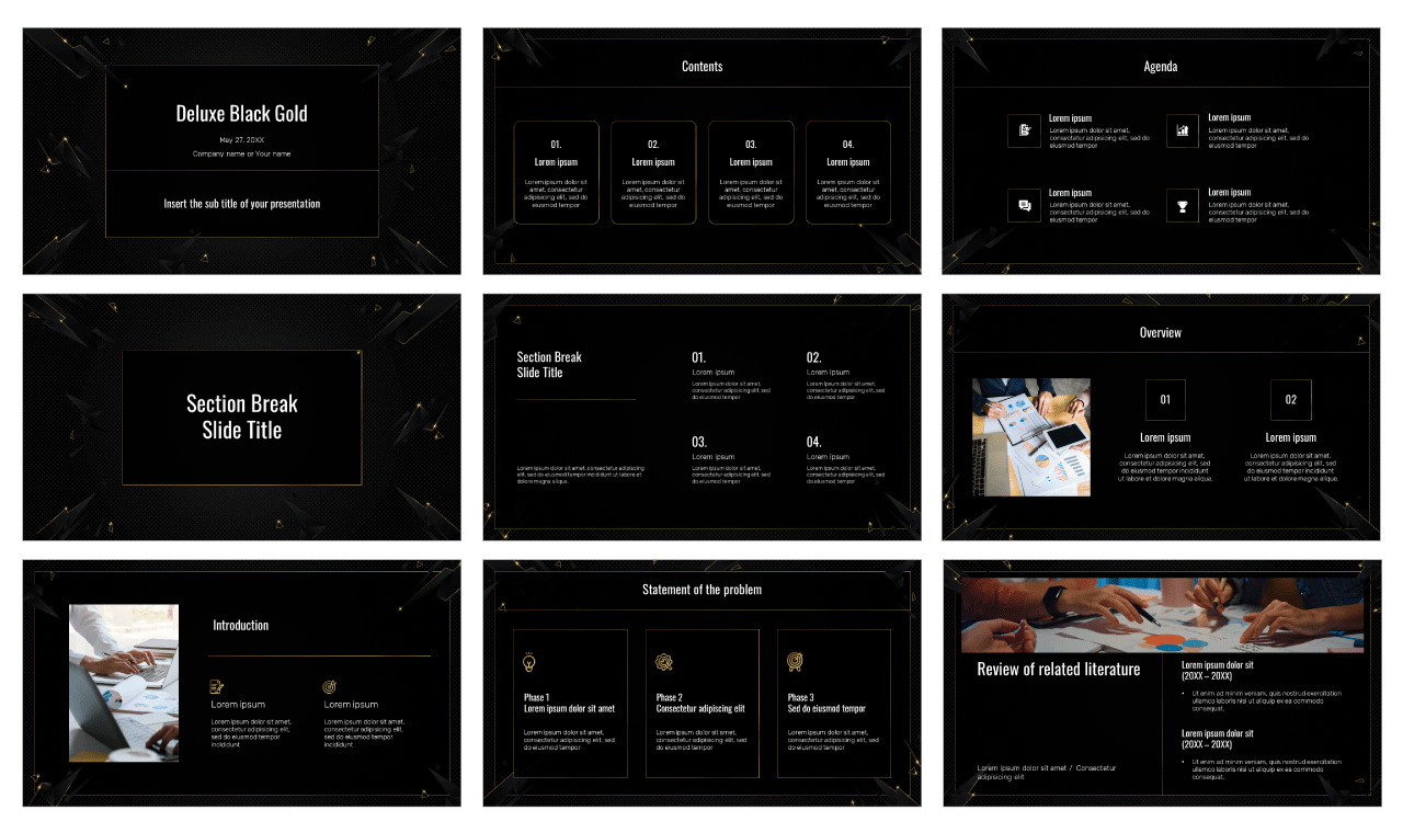 Deluxe Black Gold Free Google Slides Theme PowerPoint Template